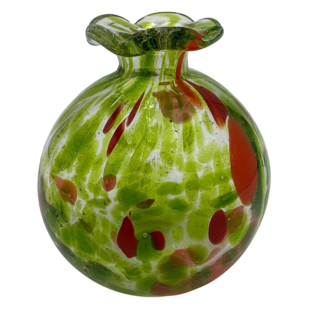 Vintage Bud Vase Hand Blown Glass Green and Orange 4.5"